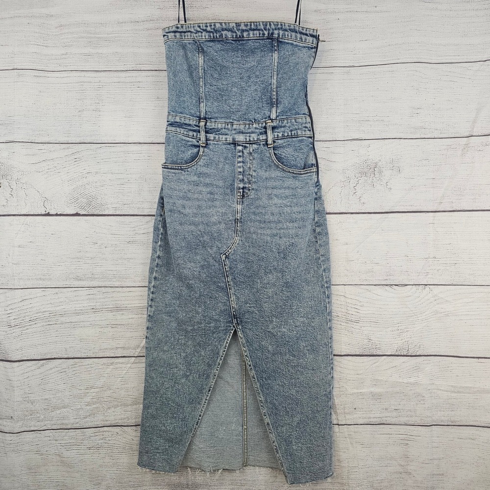 GB Gianni Bini S Strapless Denim Midi Jean Dress Acid Wash Slit Front‎ NWT L792
